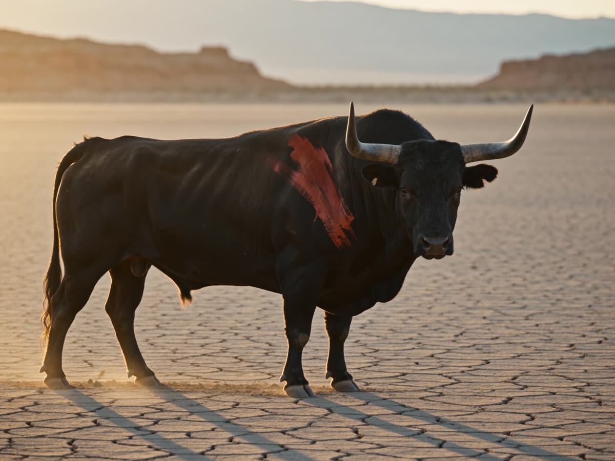 The FMA bull on a cracked Mojave lake bed at dawn, turned to face you, one scarlet brush mark across its flank