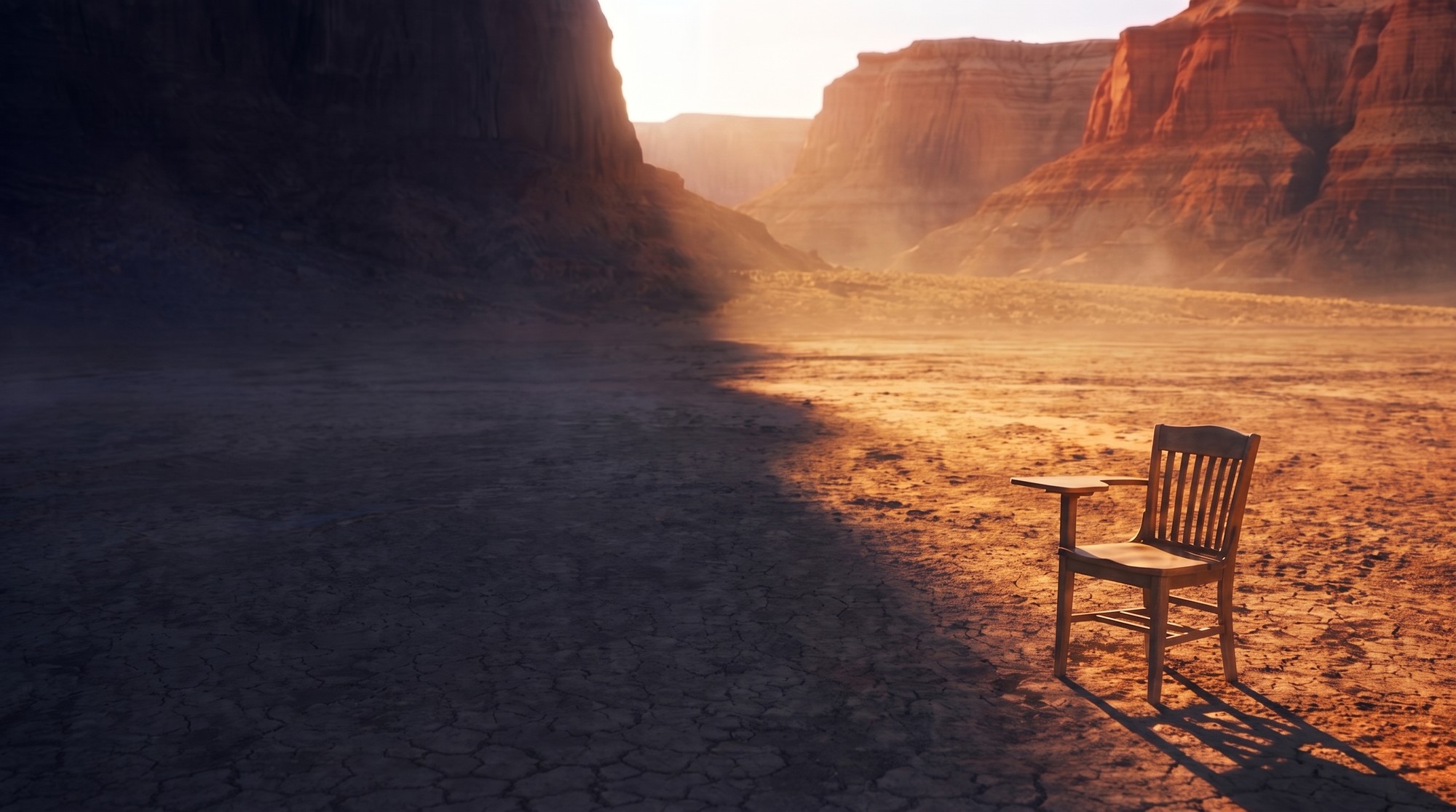 An empty lecture-hall chair with a fold-down writing tablet, alone on the cracked Mojave lake bed at dawn, one long shadow, red sandstone buttes in the dust haze behind