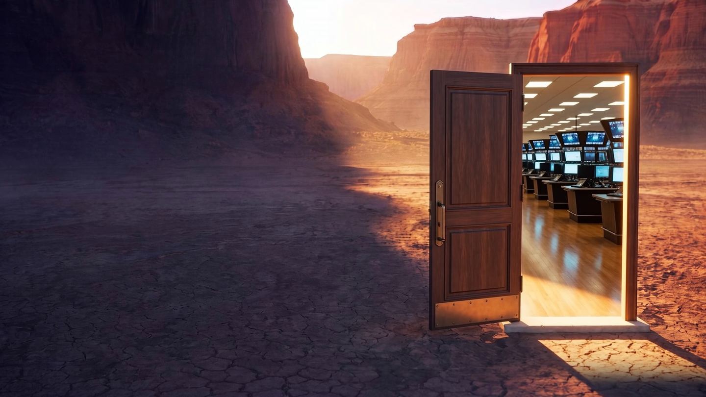 A heavy wooden door standing alone on a cracked desert lake bed at dawn, open onto an empty stock exchange trading floor lit warm inside, its light spilling across the ground