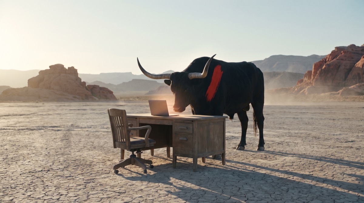A desk and laptop on a Mojave dry lake bed at dawn, a bull reading over it