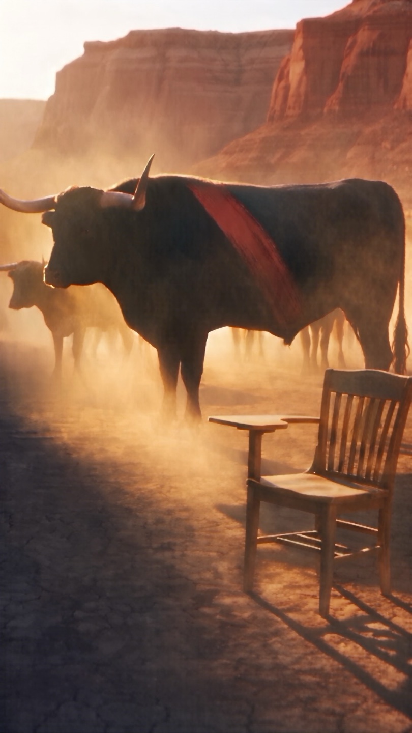 An empty lecture-hall chair in a Mojave canyon at dawn, facing a herd of bulls